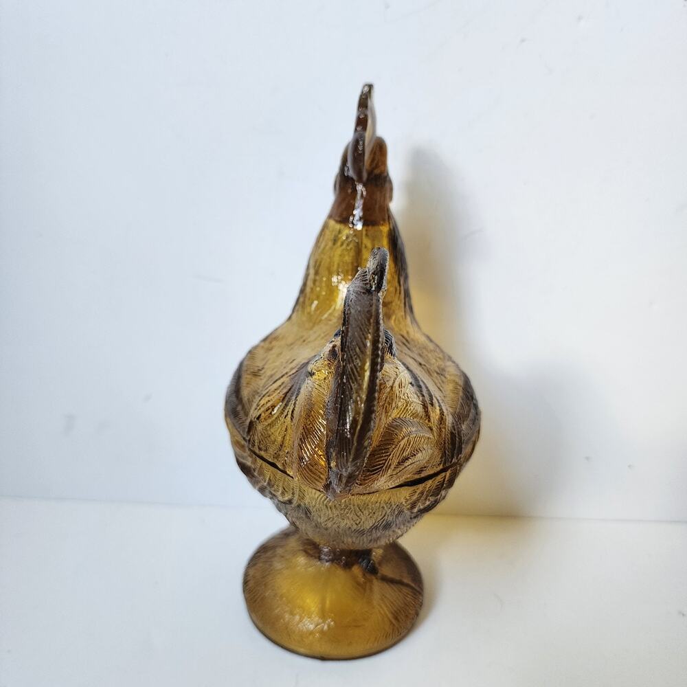 Vintage Golden Amber Glass Rooster Pedestal Lidded Candy Dish 9” Tall Unmarked - Picture 5 of 9